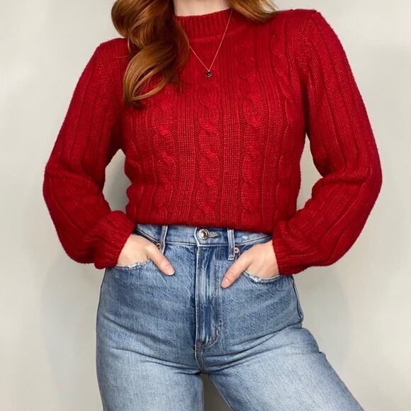 Vintage 90s Sag Harbor Petite Size Large Red Mockneck Cable Knit Sweater - Picture 1 of 11